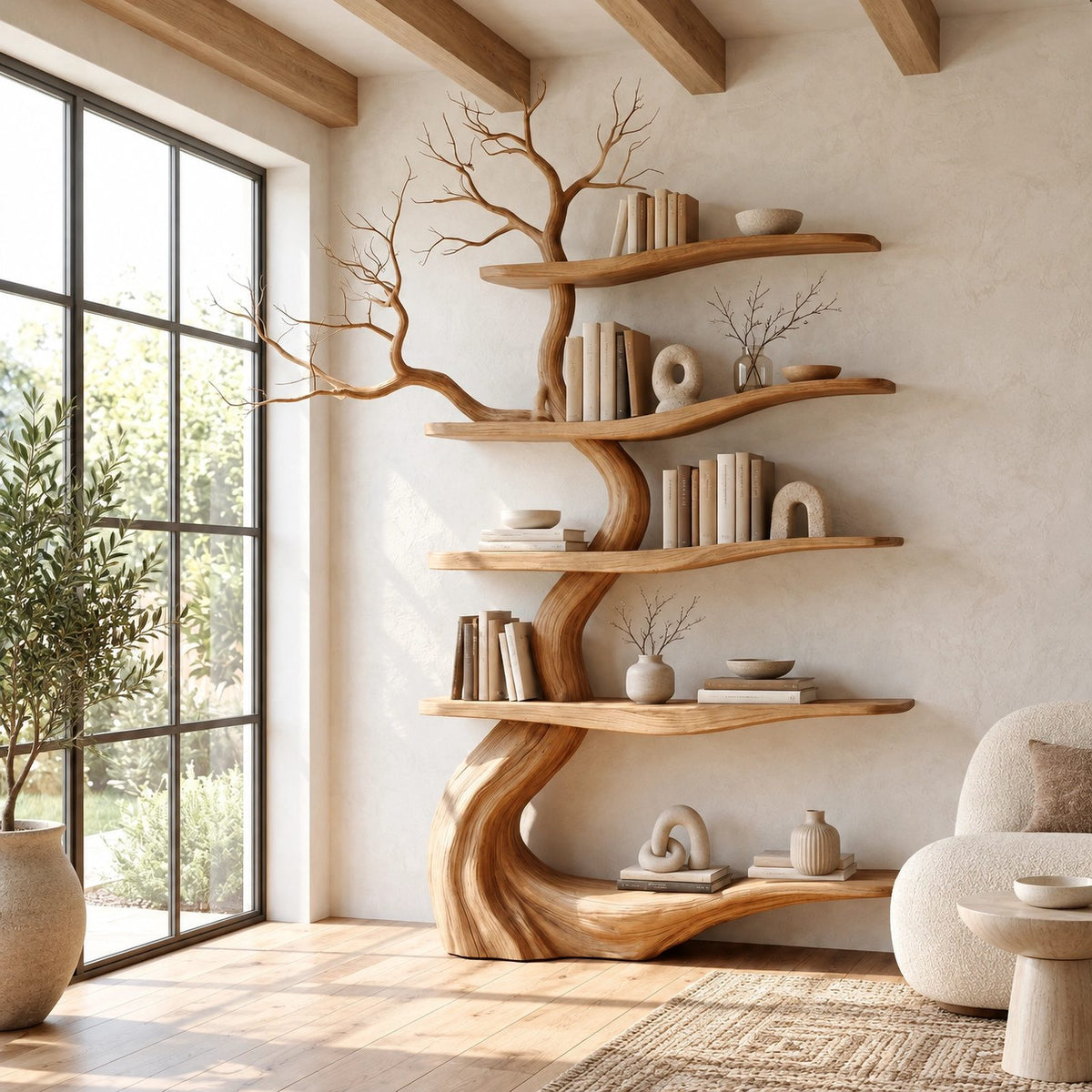 Contemporary Freestanding Wood Tree Bookshelf With Sinuous Branch Shelves