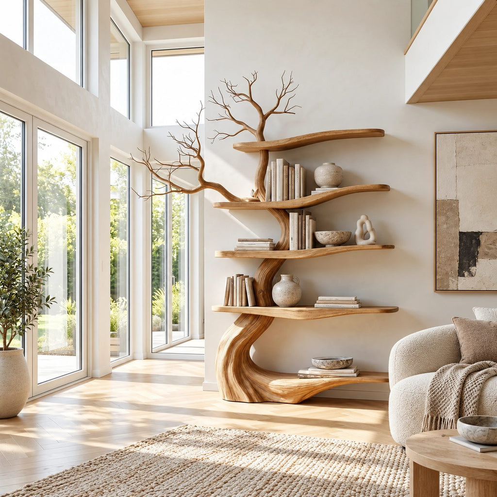 Contemporary Freestanding Wood Tree Bookshelf With Sinuous Branch Shelves