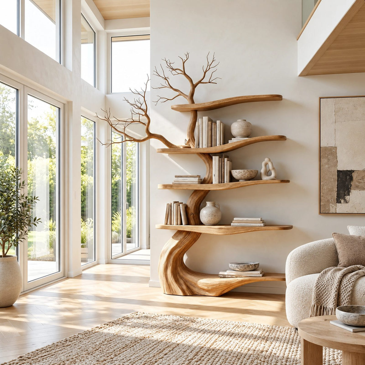 Contemporary Freestanding Wood Tree Bookshelf With Sinuous Branch Shelves
