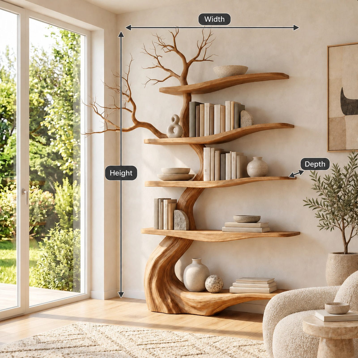 Contemporary Freestanding Wood Tree Bookshelf With Sinuous Branch Shelves