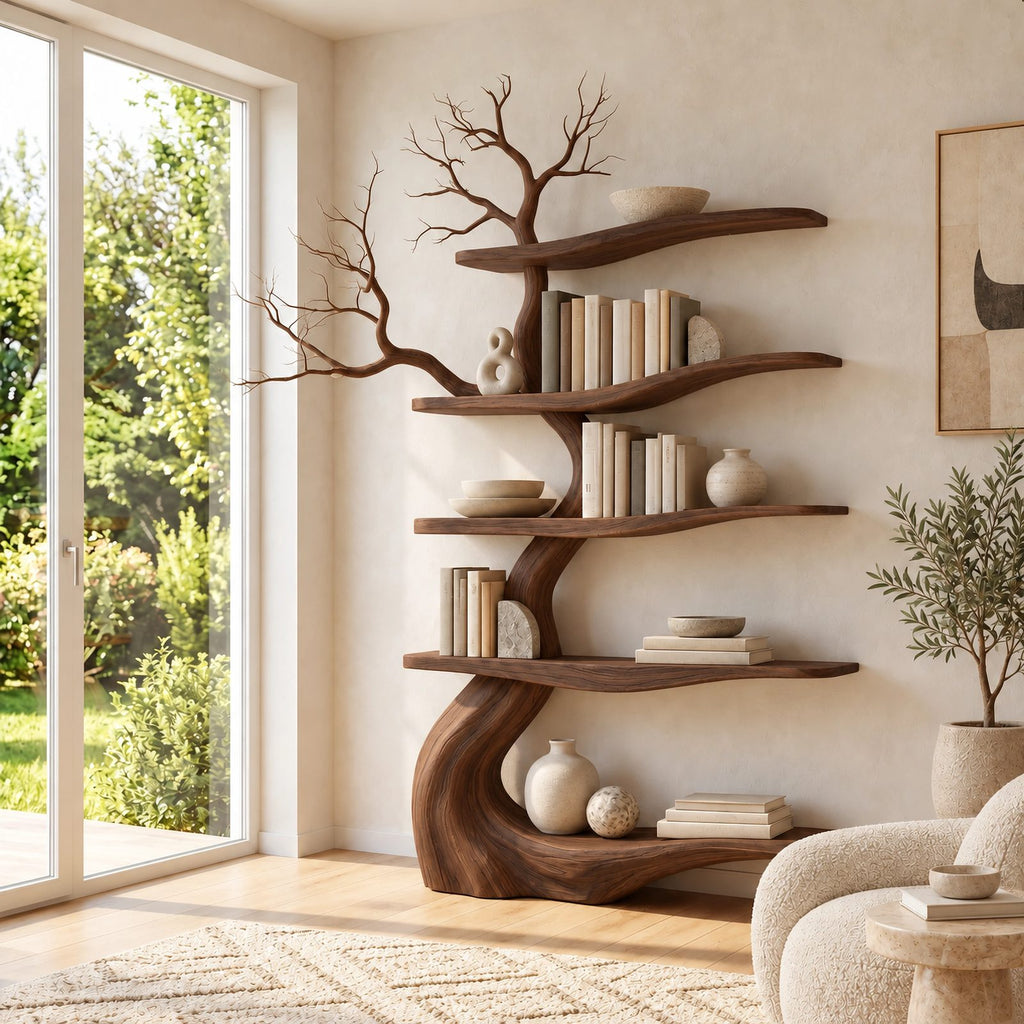 Contemporary Freestanding Wood Tree Bookshelf With Sinuous Branch Shelves