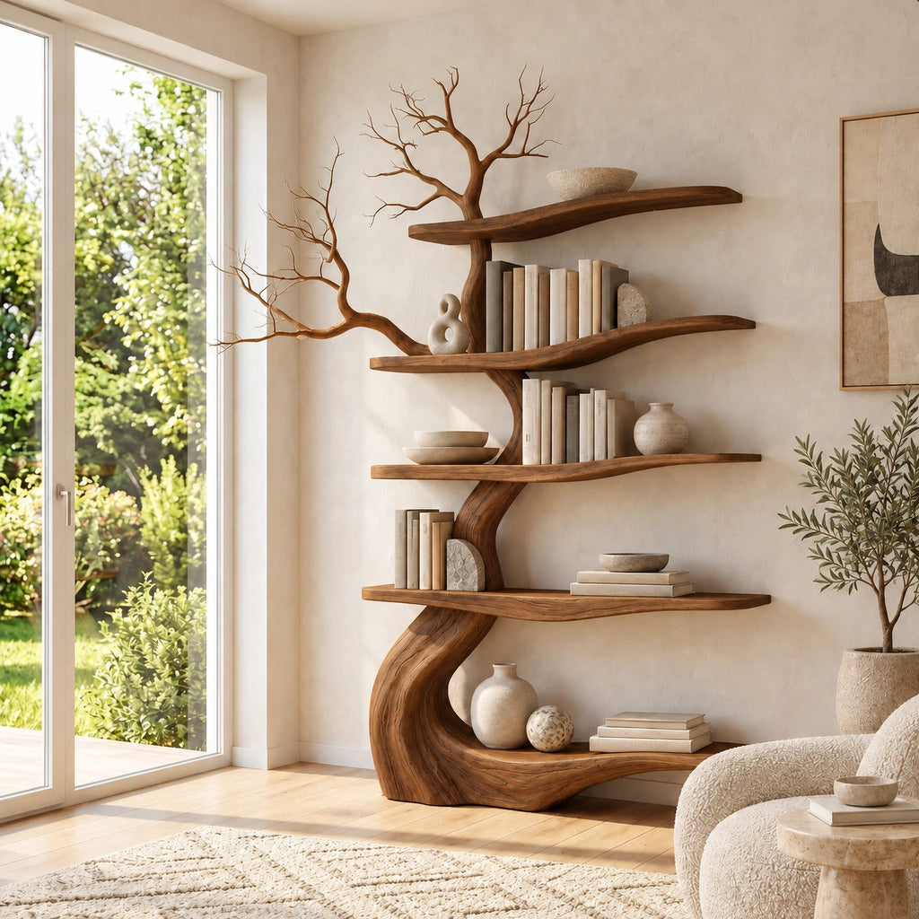 Contemporary Freestanding Wood Tree Bookshelf With Sinuous Branch Shelves