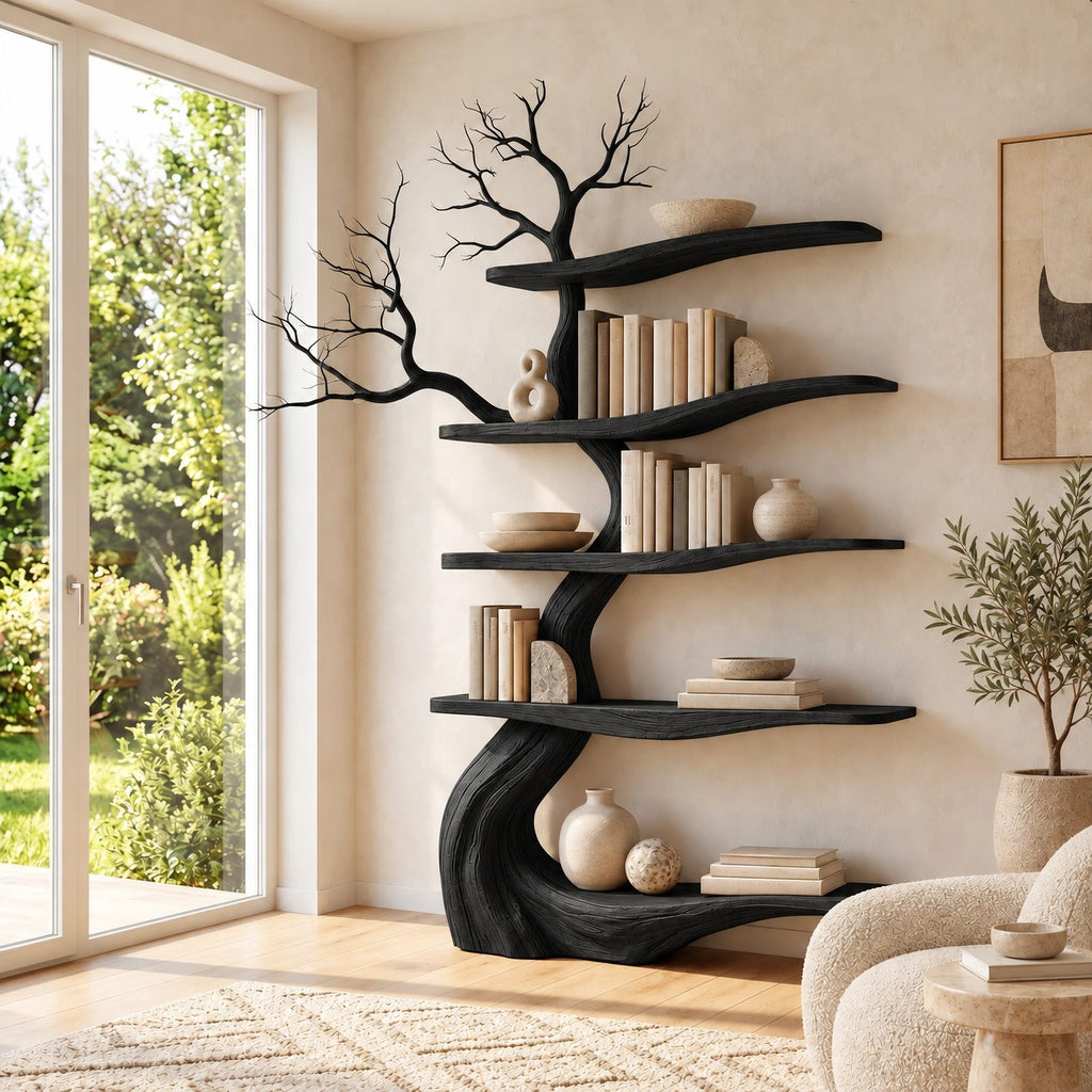 Contemporary Freestanding Wood Tree Bookshelf With Sinuous Branch Shelves