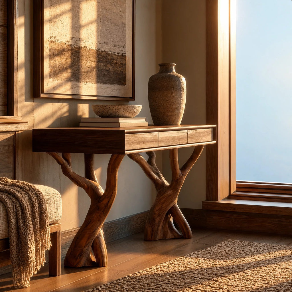Modern Twin Branch Console Table With Center Drawer For Entryway