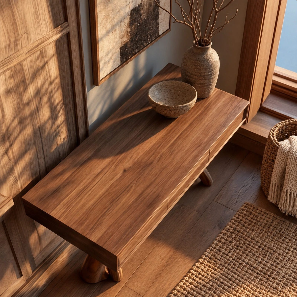 Modern Twin Branch Console Table With Center Drawer For Entryway