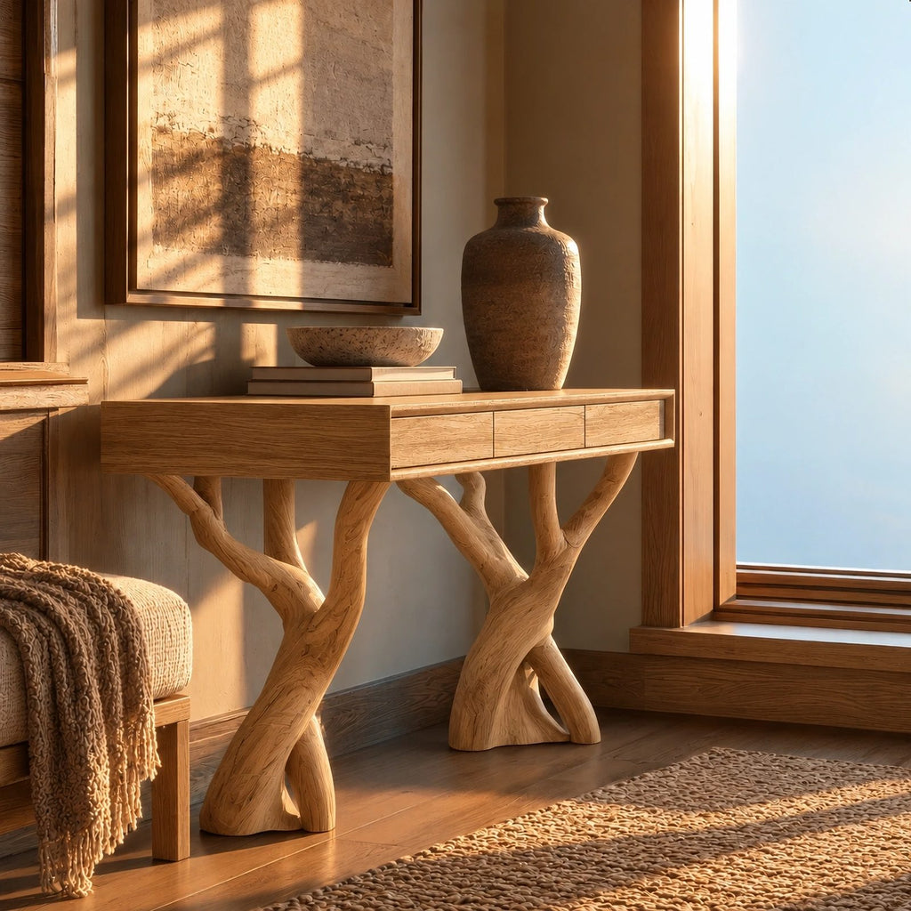 Modern Twin Branch Console Table With Center Drawer For Entryway