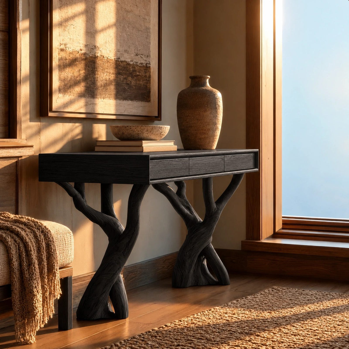 Modern Twin Branch Console Table With Center Drawer For Entryway