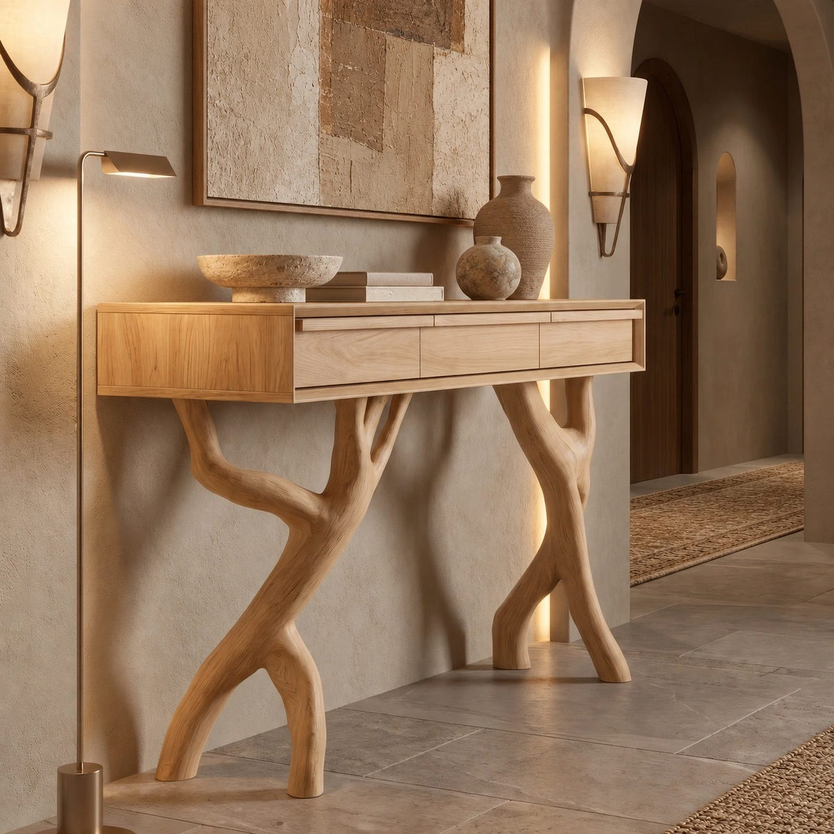 Rustic Forked Branch Console Table With Drawer For Hallway