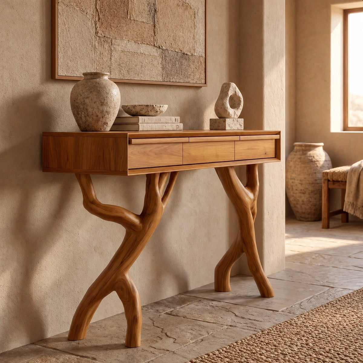 Rustic Forked Branch Console Table With Drawer For Hallway