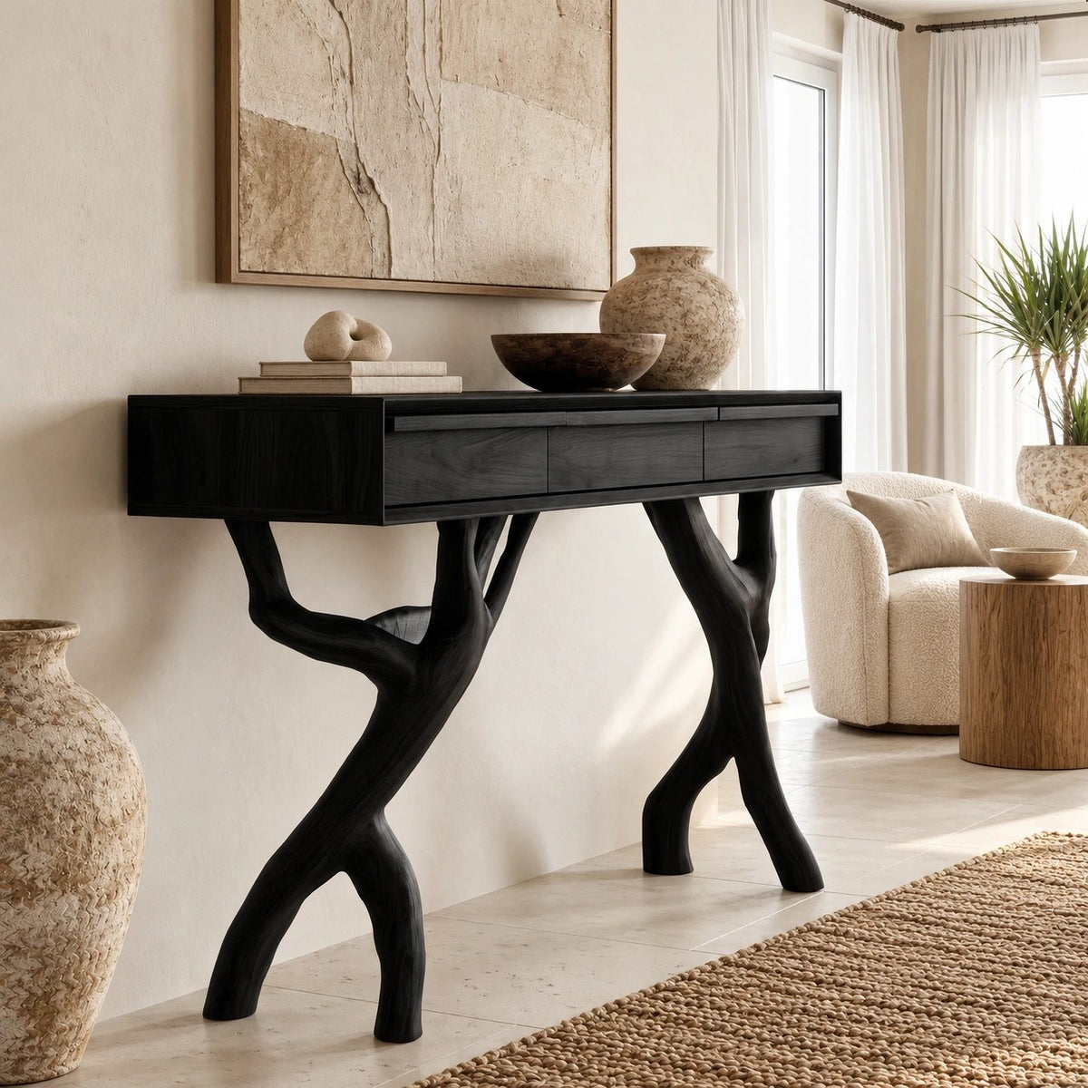 Rustic Forked Branch Console Table With Drawer For Hallway