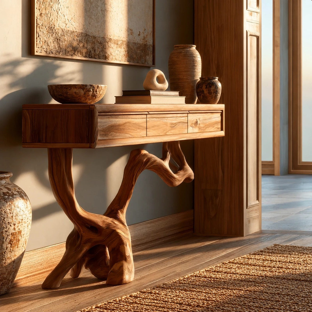Coastal Knotted Driftwood Console Table With Drawer For Hallway