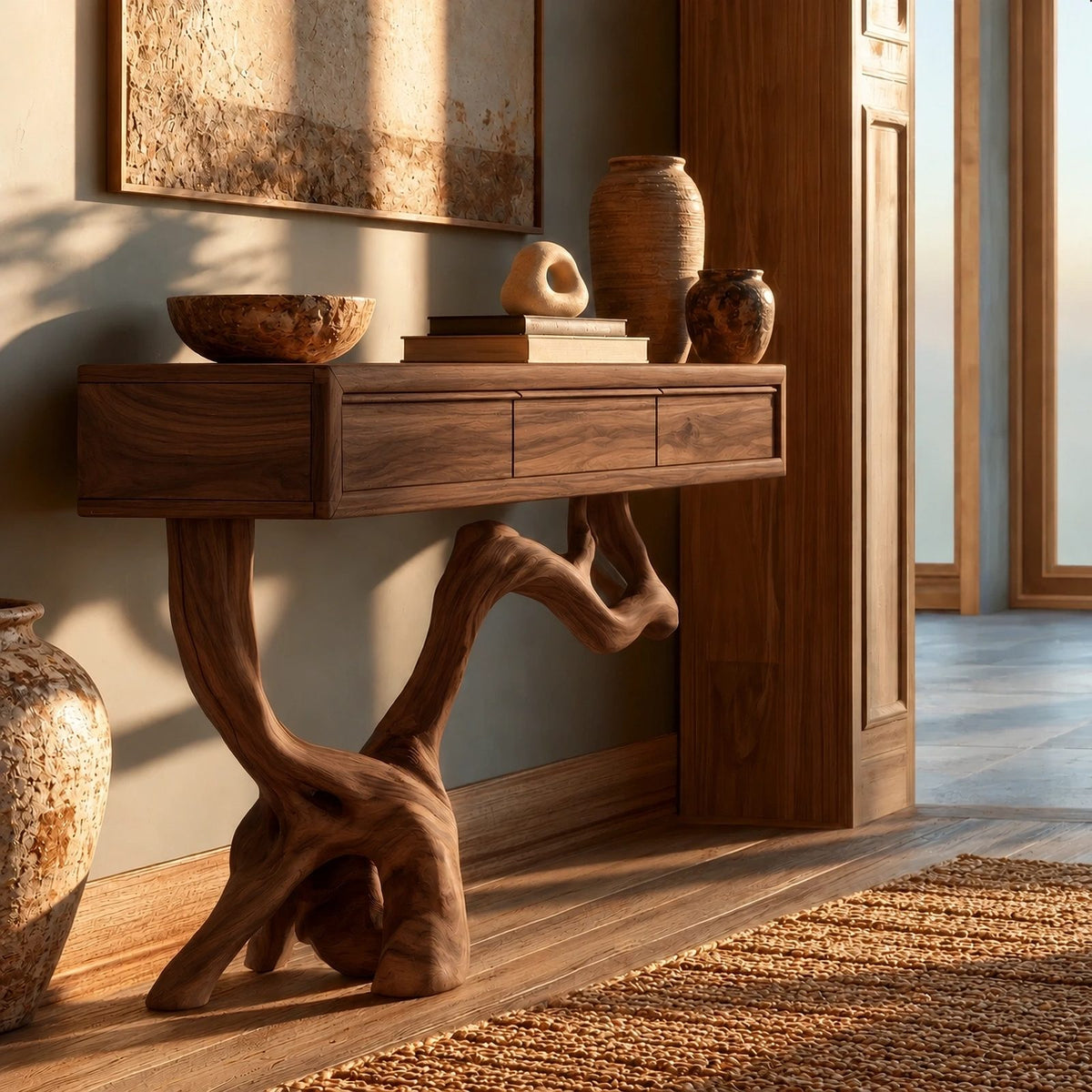 Coastal Knotted Driftwood Console Table With Drawer For Hallway