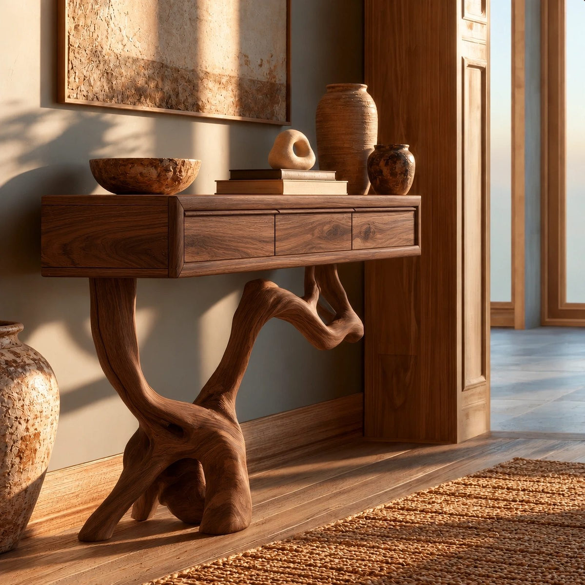 Coastal Knotted Driftwood Console Table With Drawer For Hallway