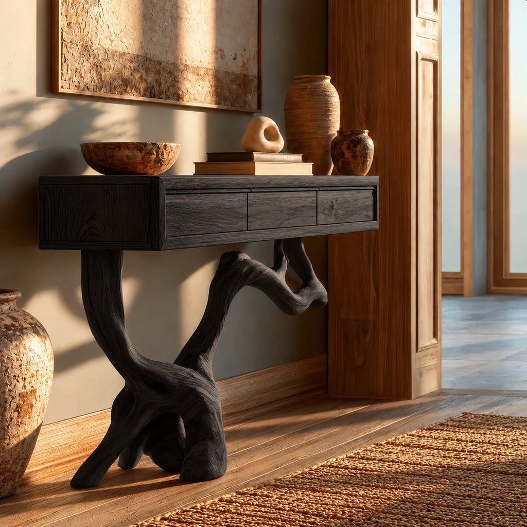 Coastal Knotted Driftwood Console Table With Drawer For Hallway