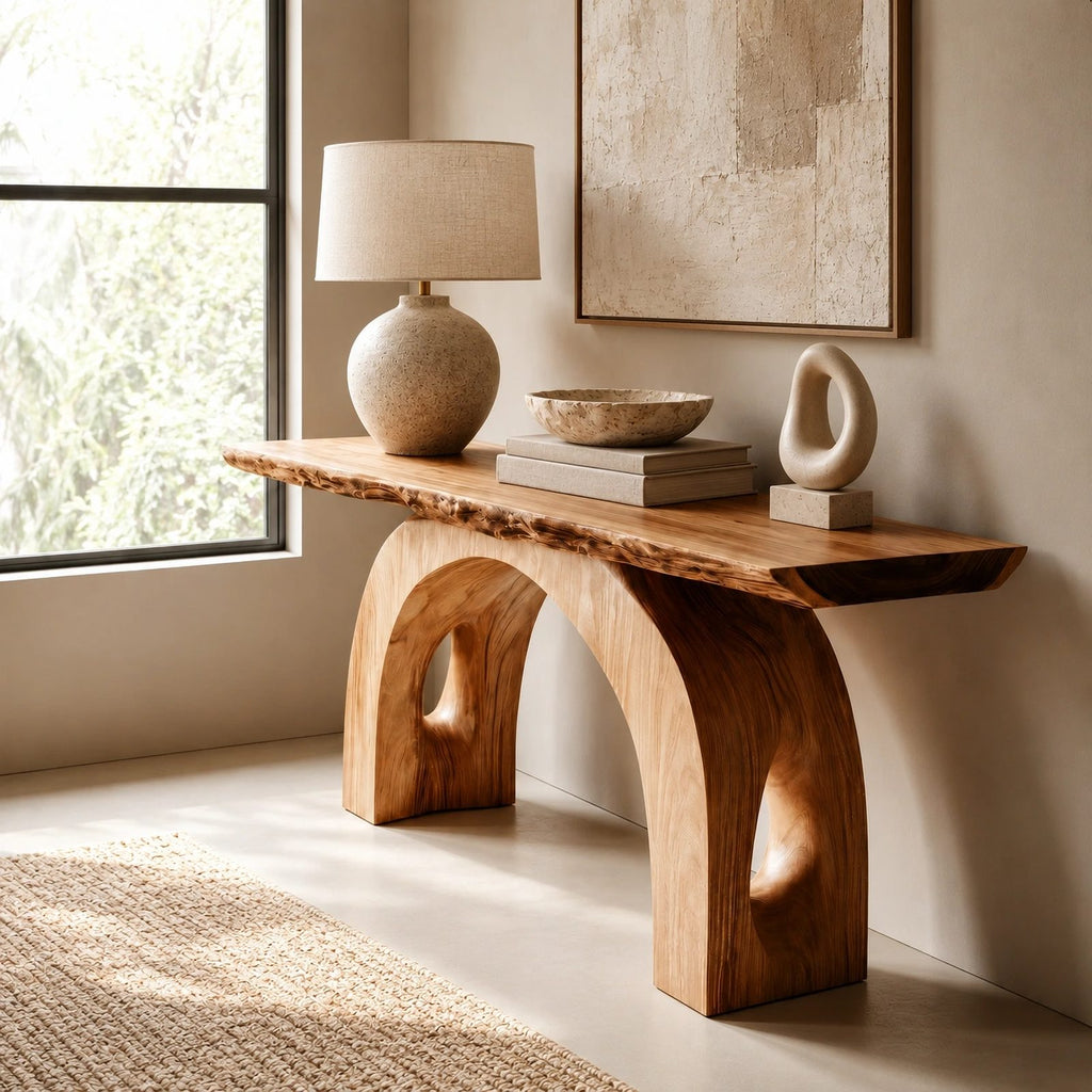 Handcrafted Live Edge Console Table With Arched Keyhole Base For Entryway