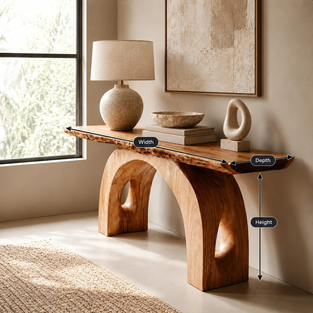Handcrafted Live Edge Console Table With Arched Keyhole Base For Entryway