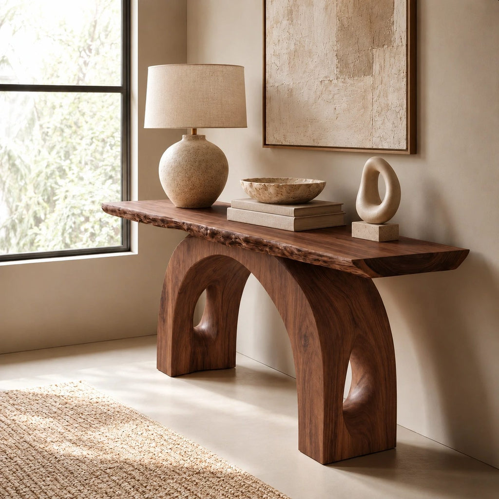 Handcrafted Live Edge Console Table With Arched Keyhole Base For Entryway