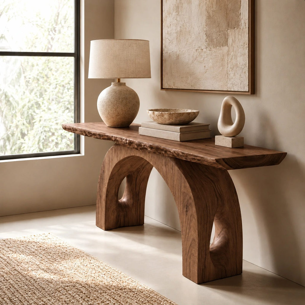 Handcrafted Live Edge Console Table With Arched Keyhole Base For Entryway
