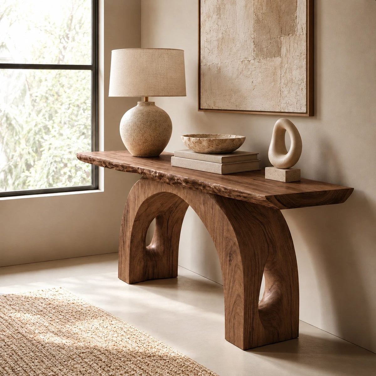 Handcrafted Live Edge Console Table With Arched Keyhole Base For Entryway