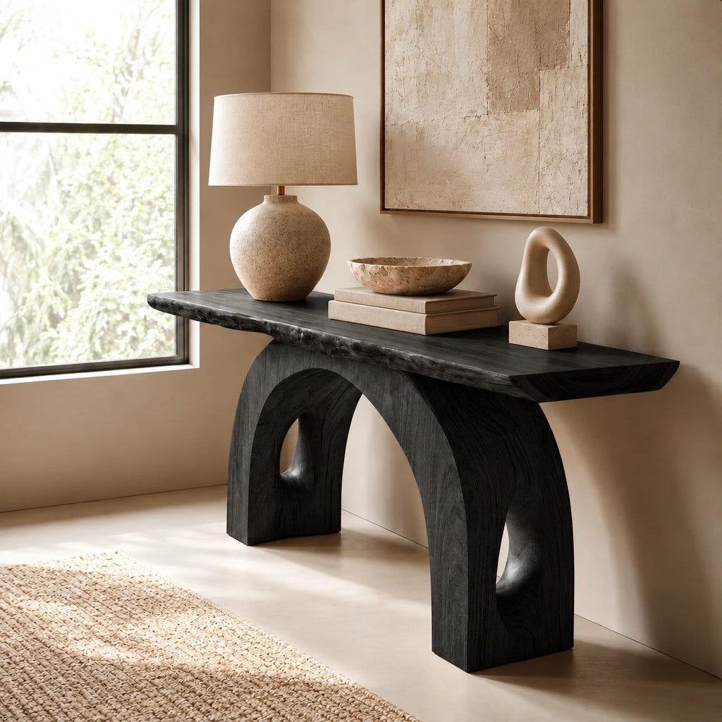 Handcrafted Live Edge Console Table With Arched Keyhole Base For Entryway
