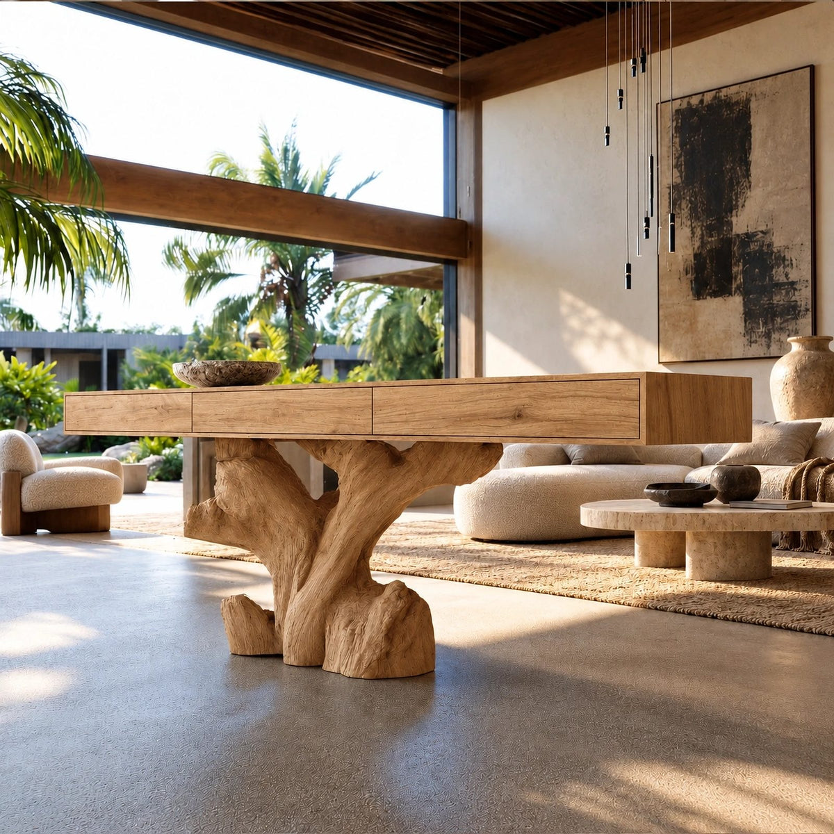Sculptural Root Stump Console Table With Thick Slab Top For Living Room