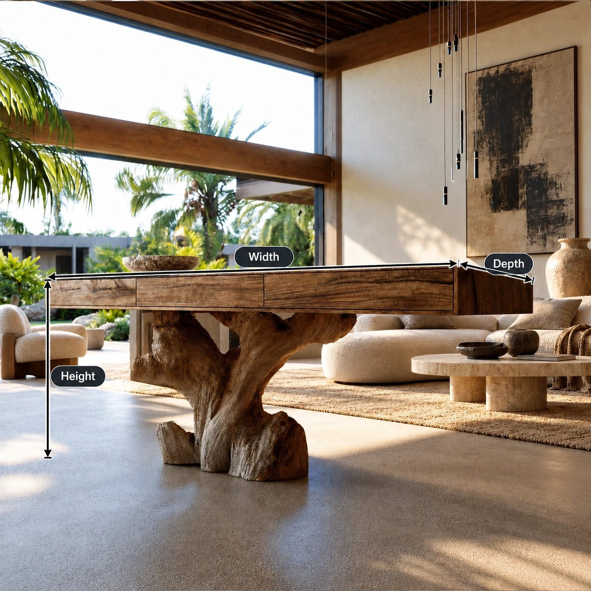 Sculptural Root Stump Console Table With Thick Slab Top For Living Room