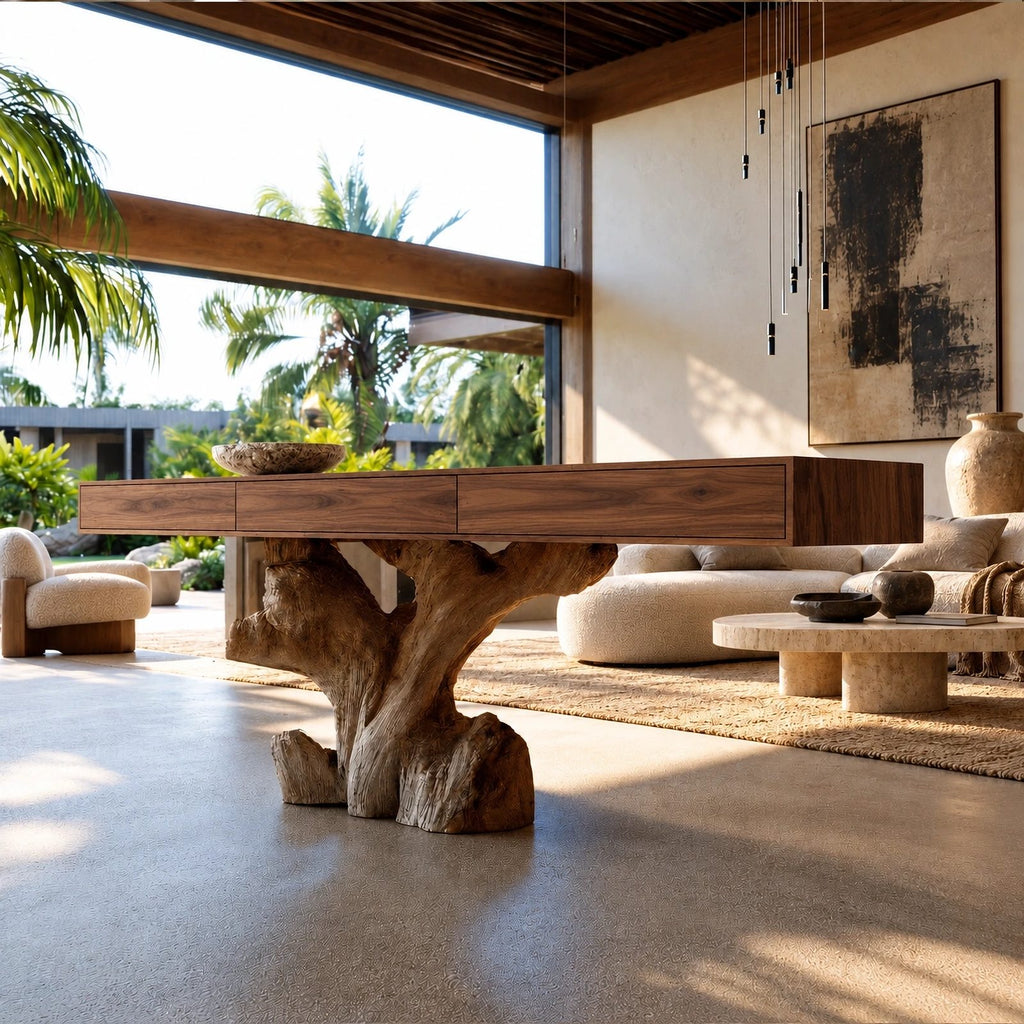 Sculptural Root Stump Console Table With Thick Slab Top For Living Room