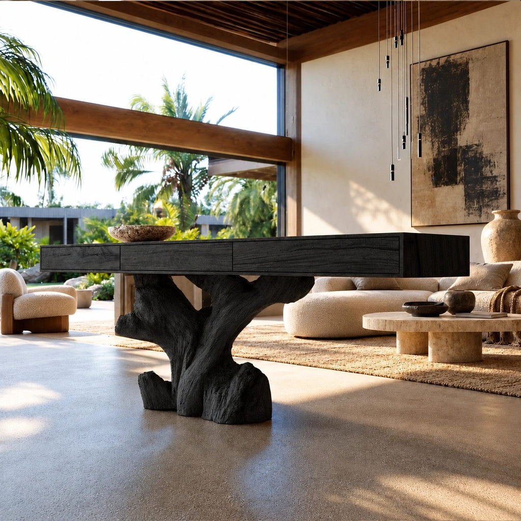 Sculptural Root Stump Console Table With Thick Slab Top For Living Room