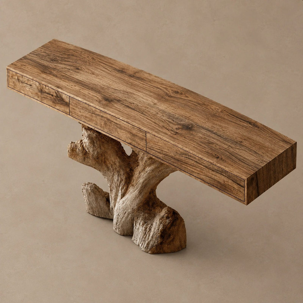 Sculptural Root Stump Console Table With Thick Slab Top For Living Room