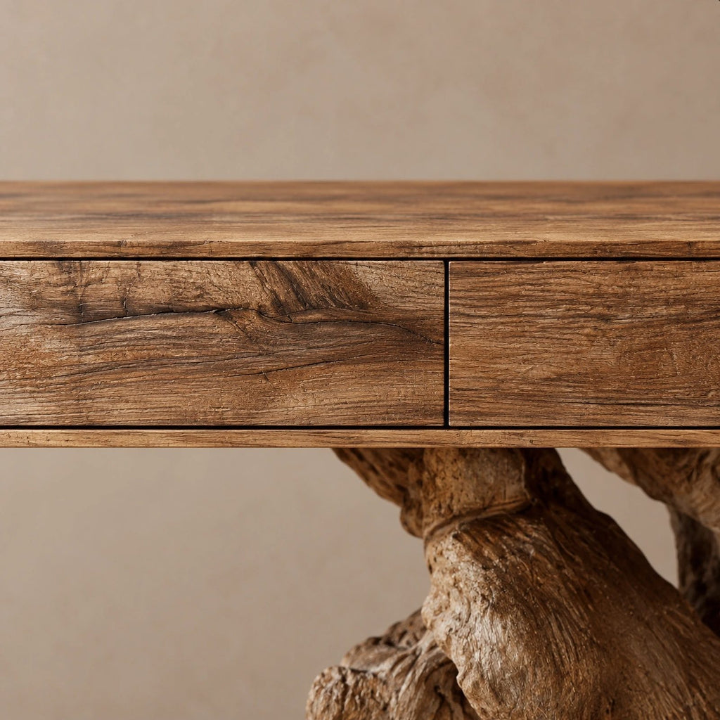 Sculptural Root Stump Console Table With Thick Slab Top For Living Room
