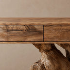 Sculptural Root Stump Console Table With Thick Slab Top For Living Room