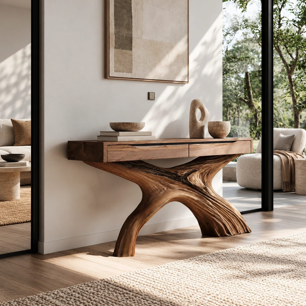 Contemporary Flowing X Leg Console Table With Drawers For Entryway