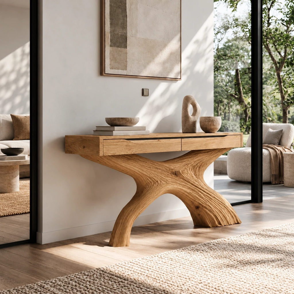 Contemporary Flowing X Leg Console Table With Drawers For Entryway