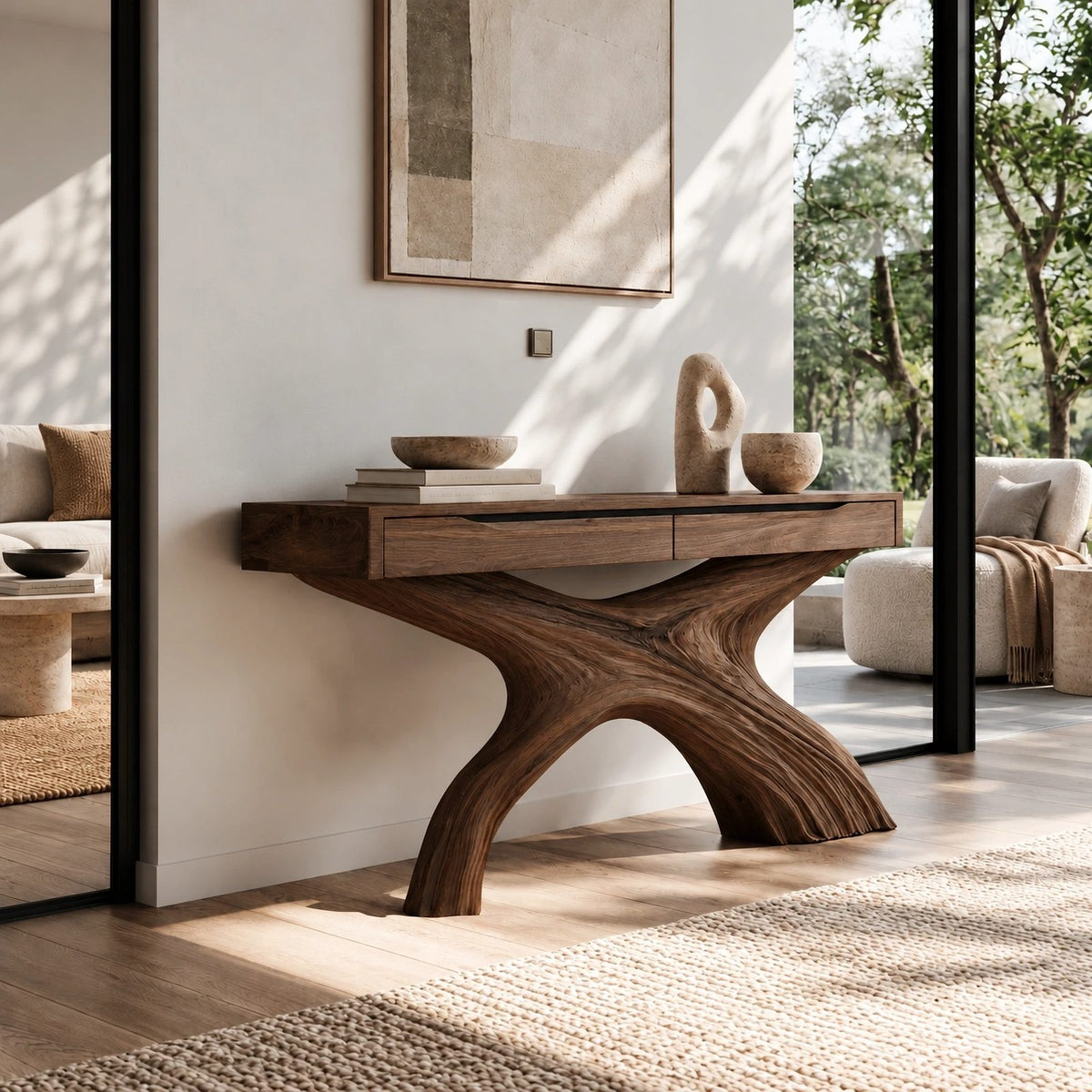 Contemporary Flowing X Leg Console Table With Drawers For Entryway