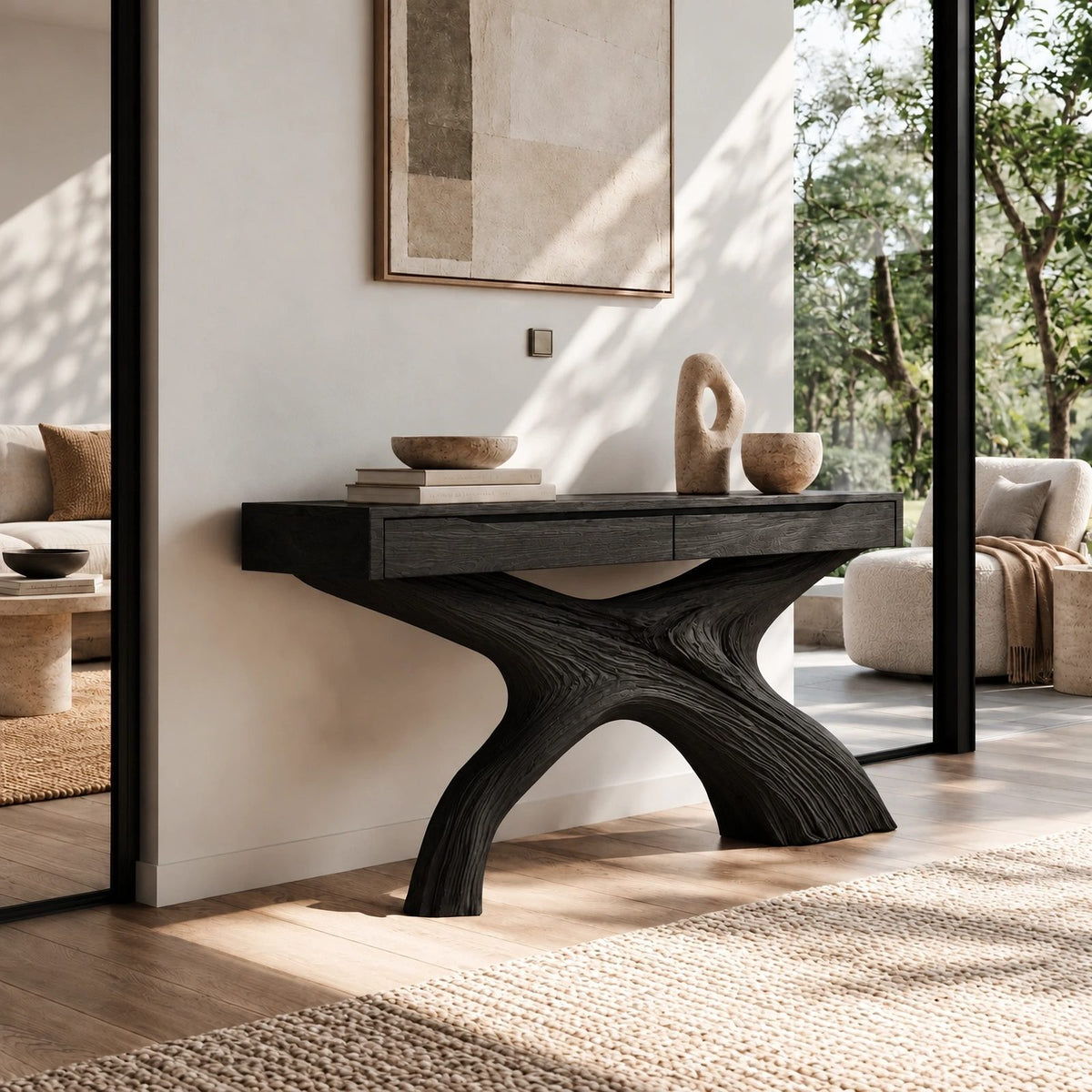 Contemporary Flowing X Leg Console Table With Drawers For Entryway