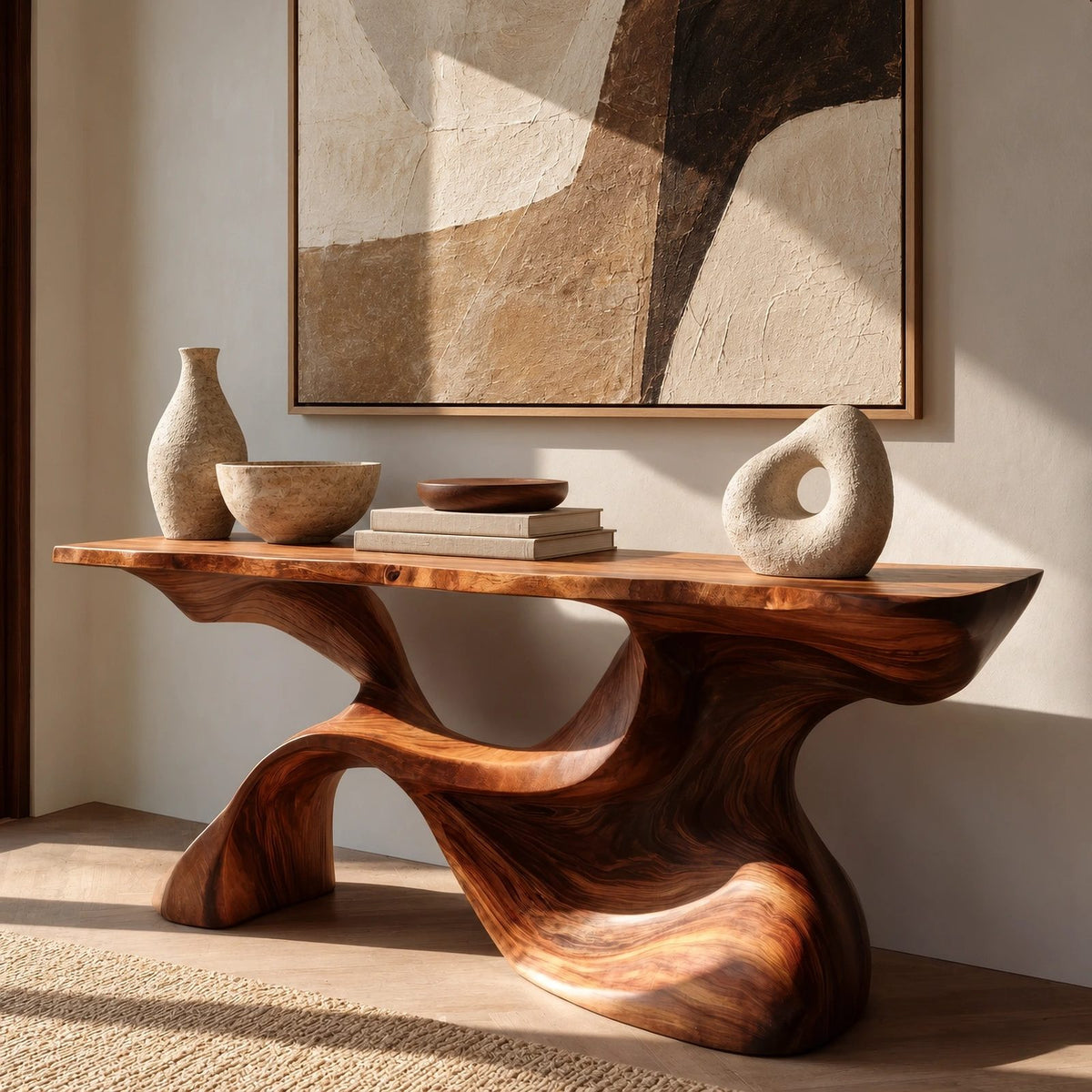 Organic Live Edge Console Table With Sculpted Wave Pedestal For Hallway