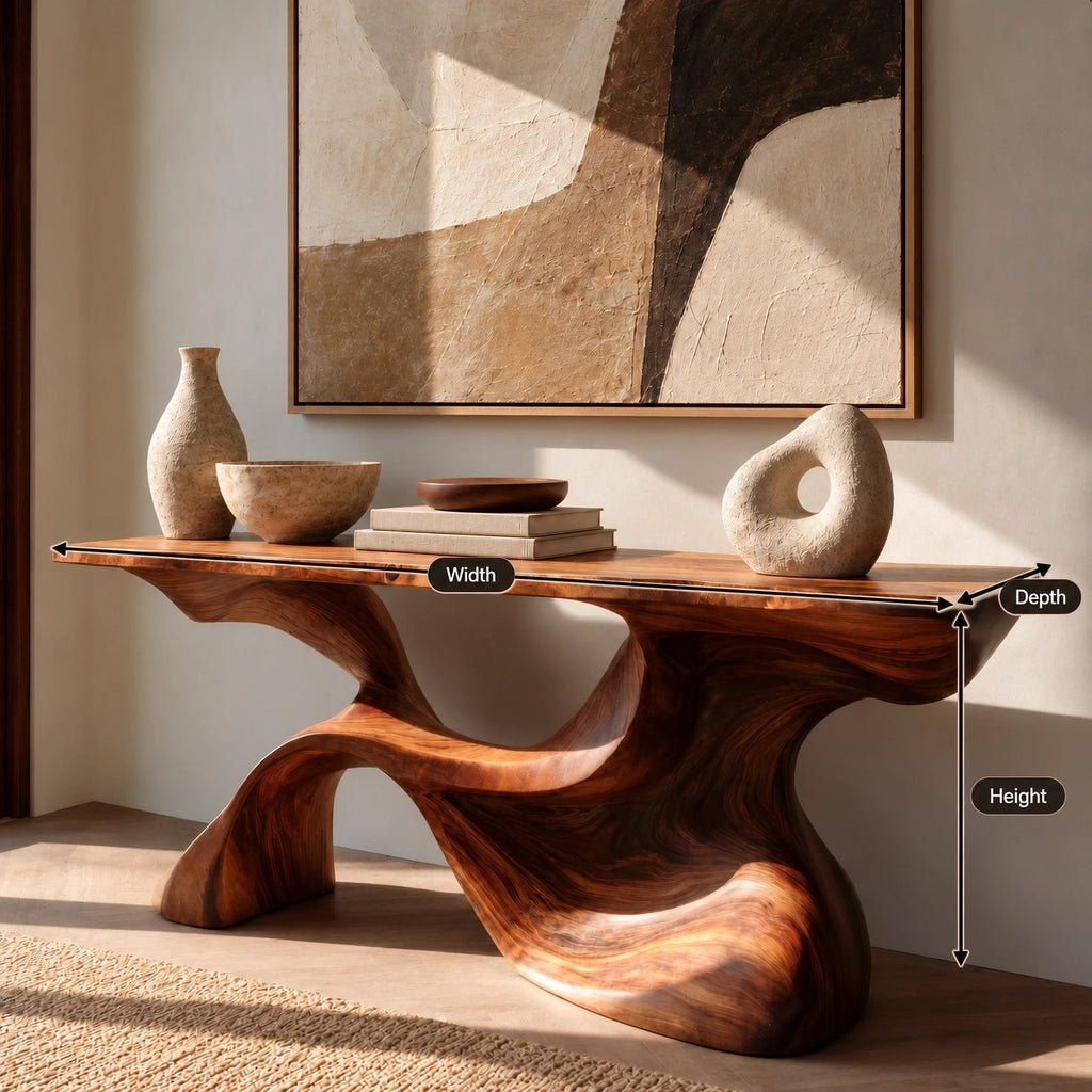 Organic Live Edge Console Table With Sculpted Wave Pedestal For Hallway