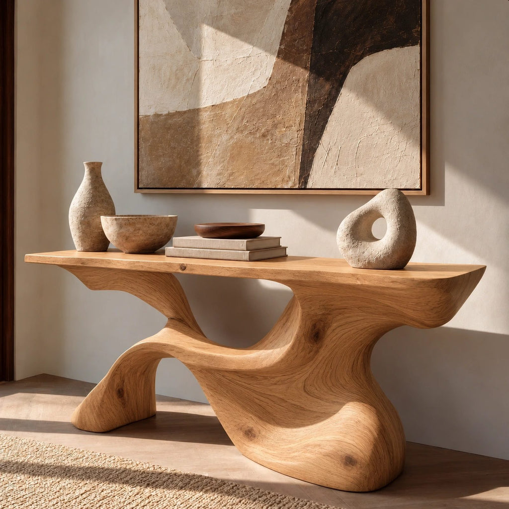 Organic Live Edge Console Table With Sculpted Wave Pedestal For Hallway