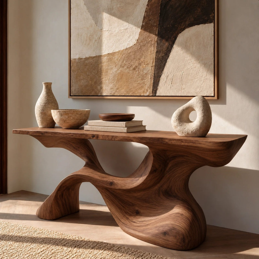 Organic Live Edge Console Table With Sculpted Wave Pedestal For Hallway