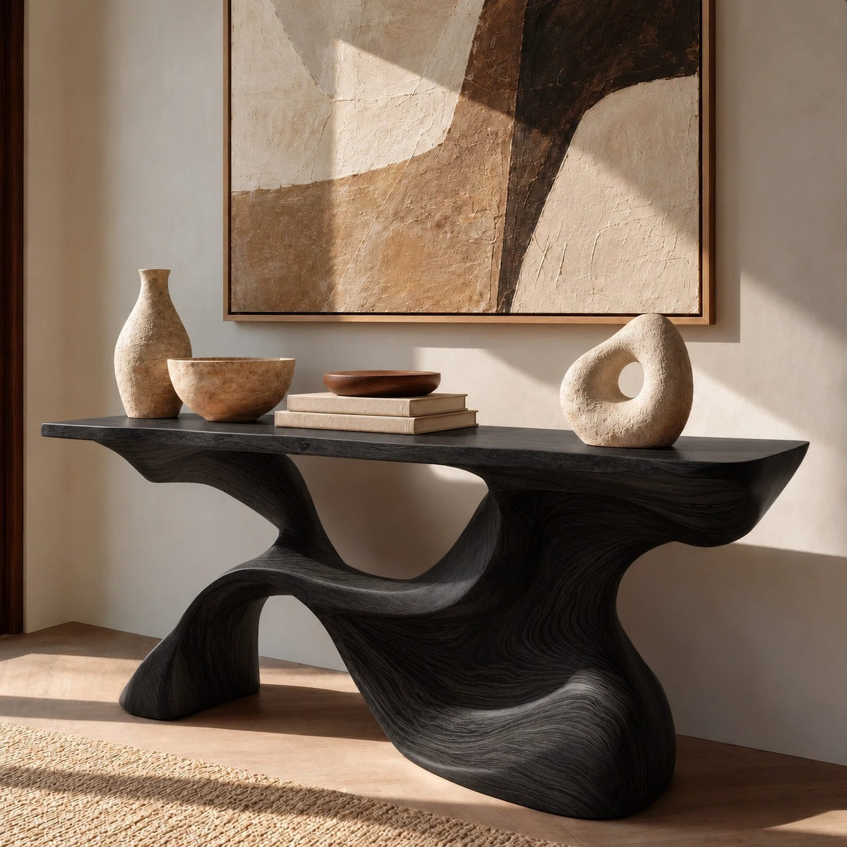 Organic Live Edge Console Table With Sculpted Wave Pedestal For Hallway