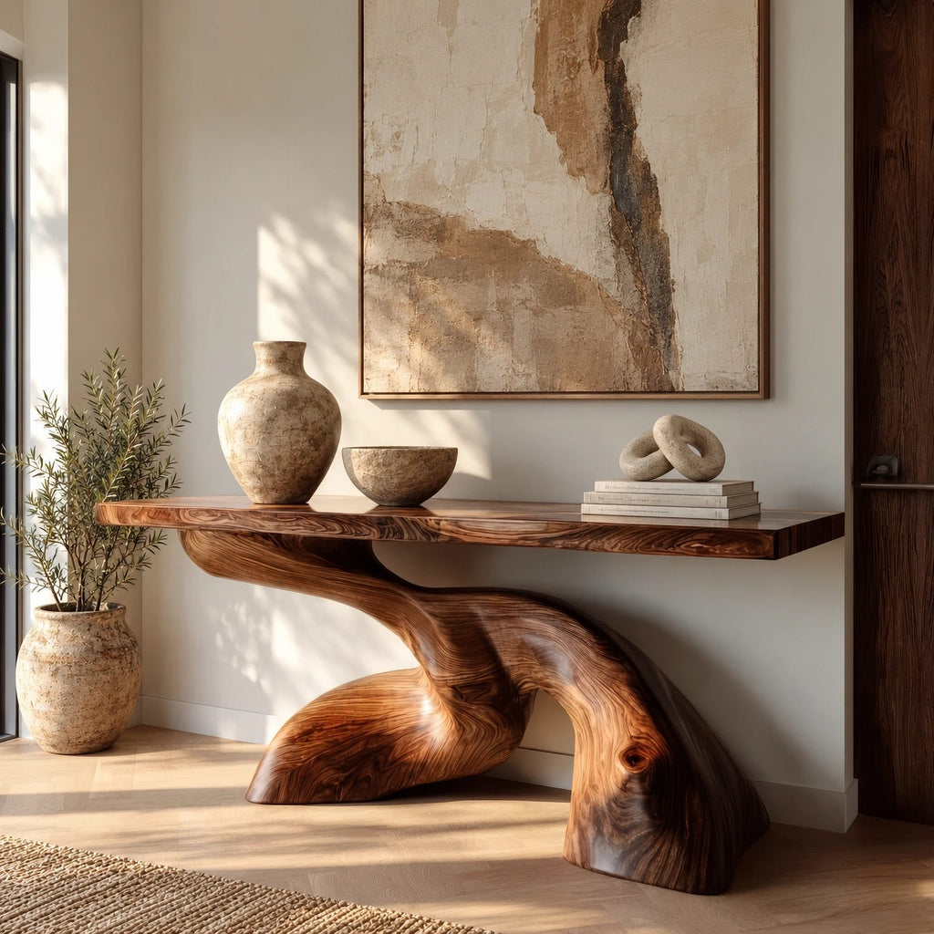 Mid Century Live Edge Console Table With Twisted Wave Base For Foyer