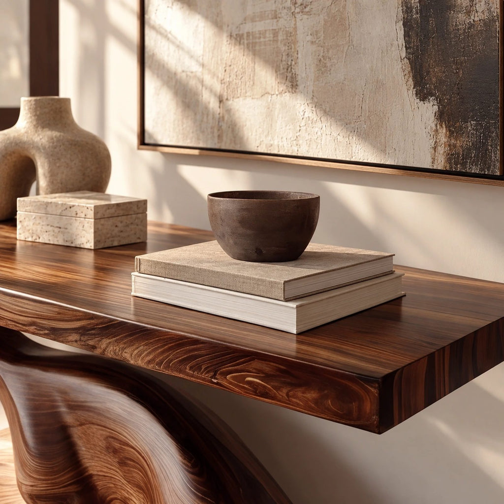 Mid Century Live Edge Console Table With Twisted Wave Base For Foyer