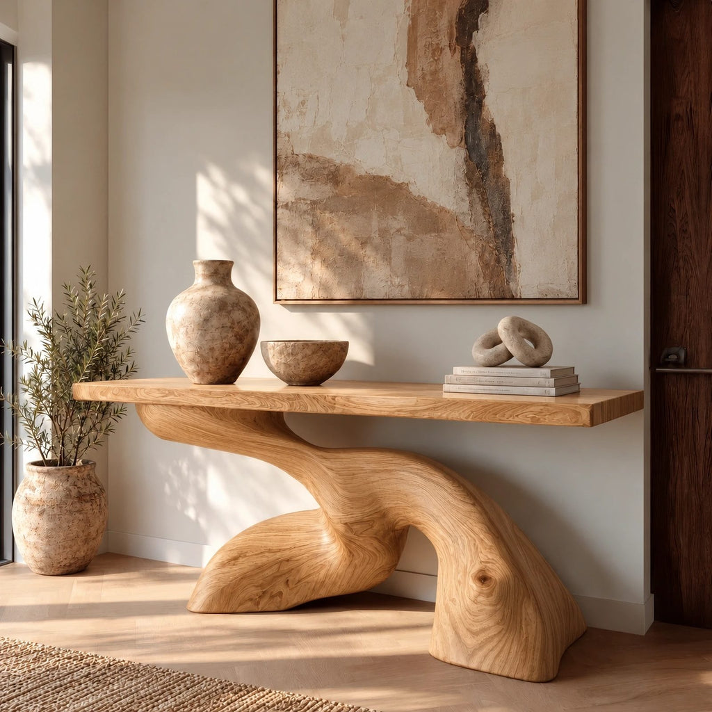 Mid Century Live Edge Console Table With Twisted Wave Base For Foyer