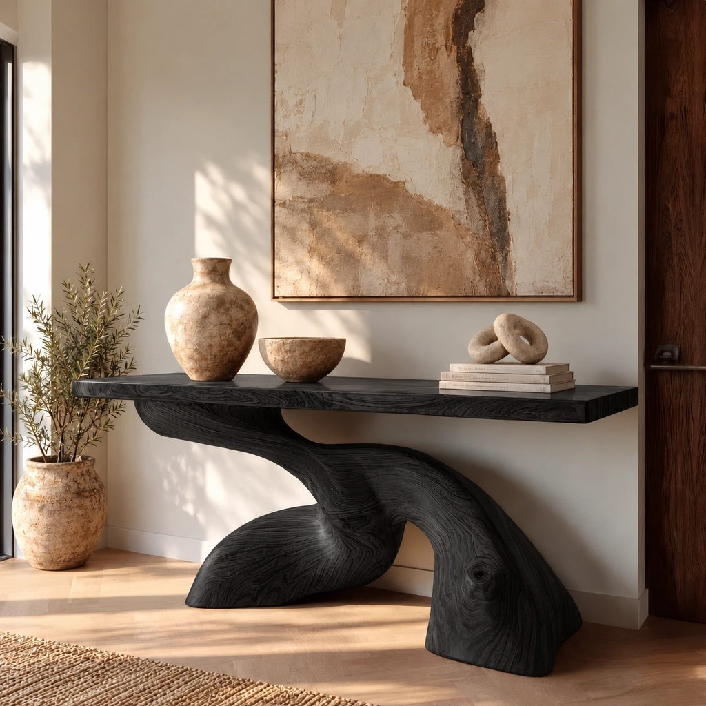 Mid Century Live Edge Console Table With Twisted Wave Base For Foyer