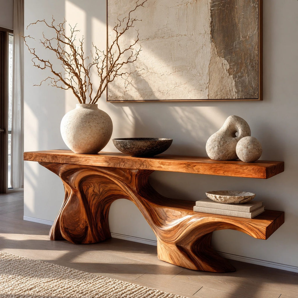 Modern Live Edge Console Table With Double Wave Base For Entryway