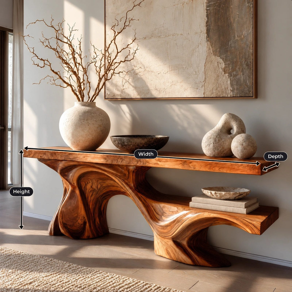 Modern Live Edge Console Table With Double Wave Base For Entryway