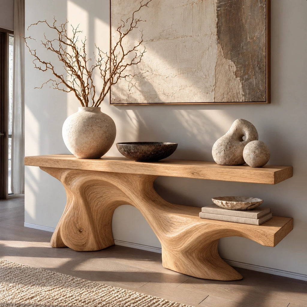 Modern Live Edge Console Table With Double Wave Base For Entryway