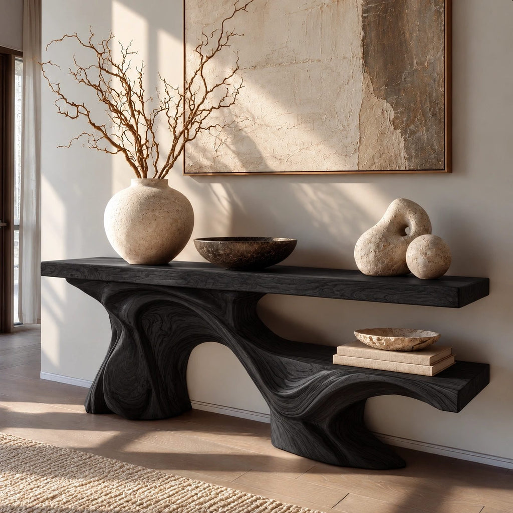 Modern Live Edge Console Table With Double Wave Base For Entryway