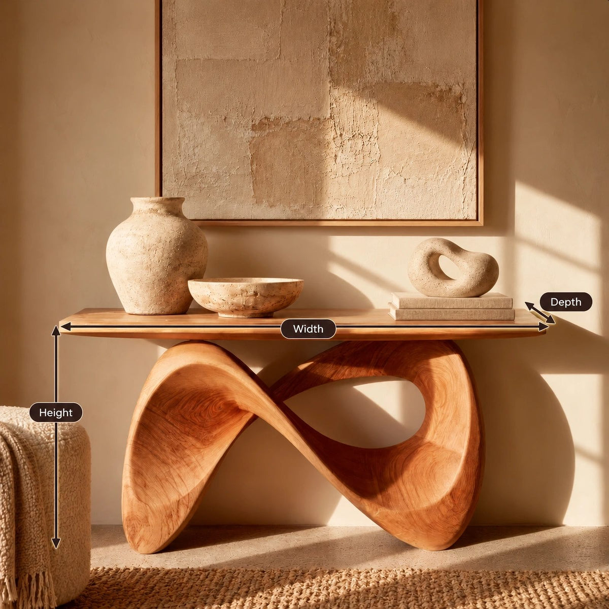 Organic Sculpted Console Table With Infinity Loop Base For Entryway