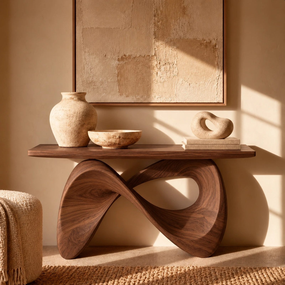 Organic Sculpted Console Table With Infinity Loop Base For Entryway